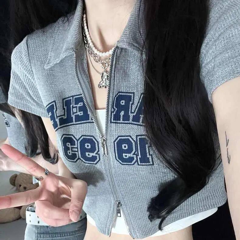 纯欲辣妹polo领百搭短袖t恤女夏季设计感小众别致双拉链短款上衣