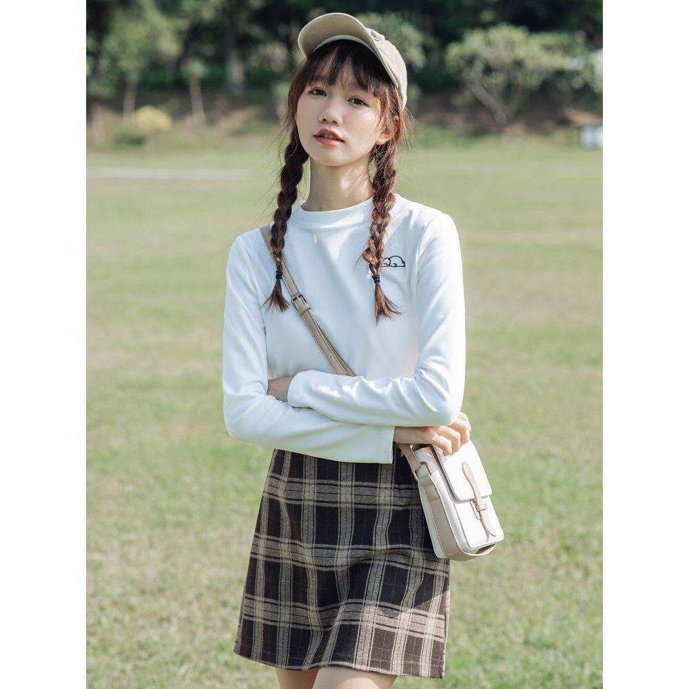 德绒简约小象刺绣长袖T恤女