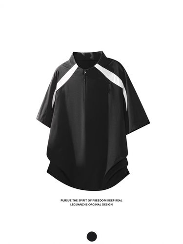 运动速干夏季新款男短袖T恤凉感宽松撞色拼接潮牌百搭半拉链上衣