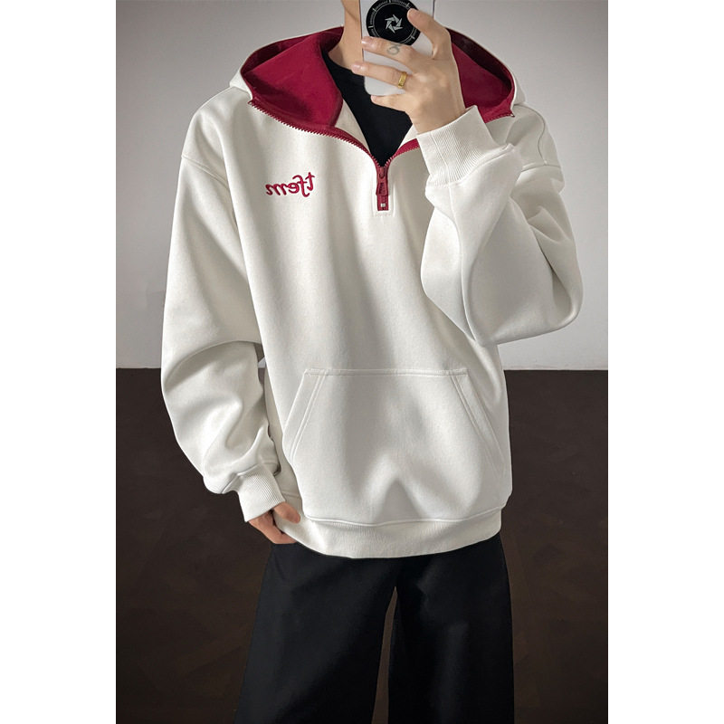 美式刺绣半拉链连帽卫衣男秋季潮牌重磅华棉400g高街痞帅男士上衣