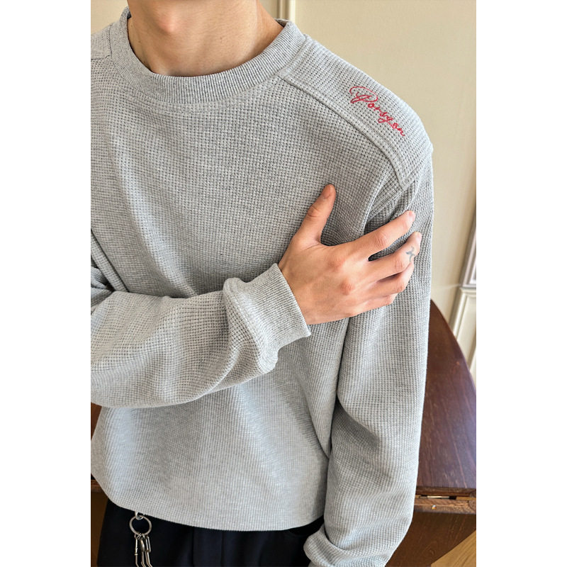 美式华夫格长袖t恤男款春季蜂窝红标刺绣卫衣潮牌正肩内搭打底衫