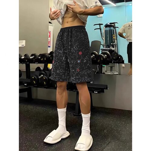 刺绣扎染短裤男款夏运动健身裤子