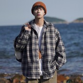 美式 休闲青少年衬衣外套 加绒加厚日系潮牌长袖 复古格子衬衫 男冬季