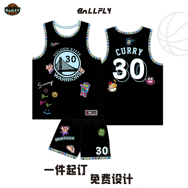 BALLFLY球服定制勇士库里球衣蜡笔小新背心卡通篮球服男套装队服