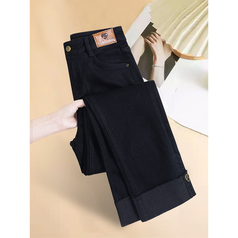 黑色直筒牛仔裤女秋冬2025新款秋季高腰法棍九分小个子加绒烟管裤