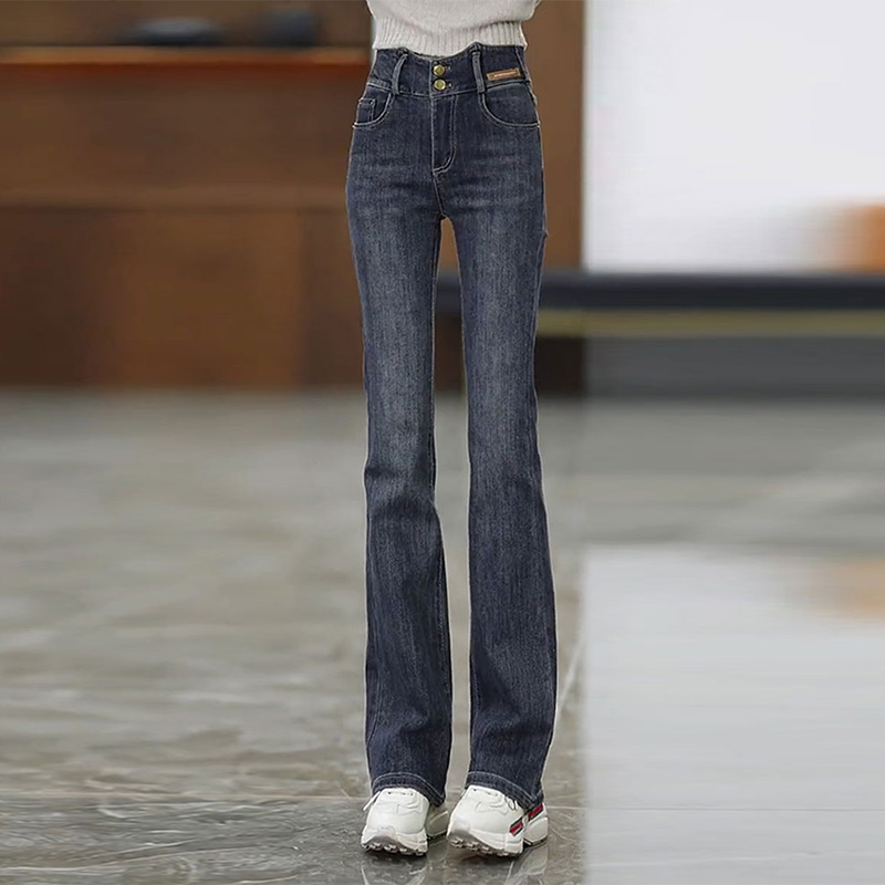 水泥灰微喇牛仔裤女2025新款春秋冬加绒女裤高腰小个子马蹄喇叭裤