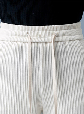 白色裤子女春秋2025年新款条绒松紧腰高腰垂感梨型身材阔腿裤