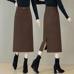毛呢通勤裙子女秋冬显瘦中长裙2025新款 高腰开叉半身裙休闲裙