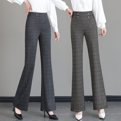 格子微喇裤女士2026春秋季新款松紧高腰垂感西装裤休闲显瘦喇叭裤