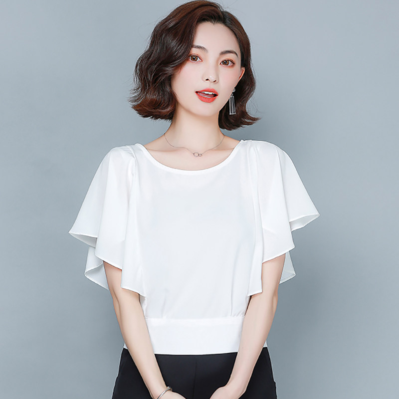 半袖夏装2021新款女蝙蝠衫雪纺短装上衣卡腰小衫短款洋气配阔腿裤