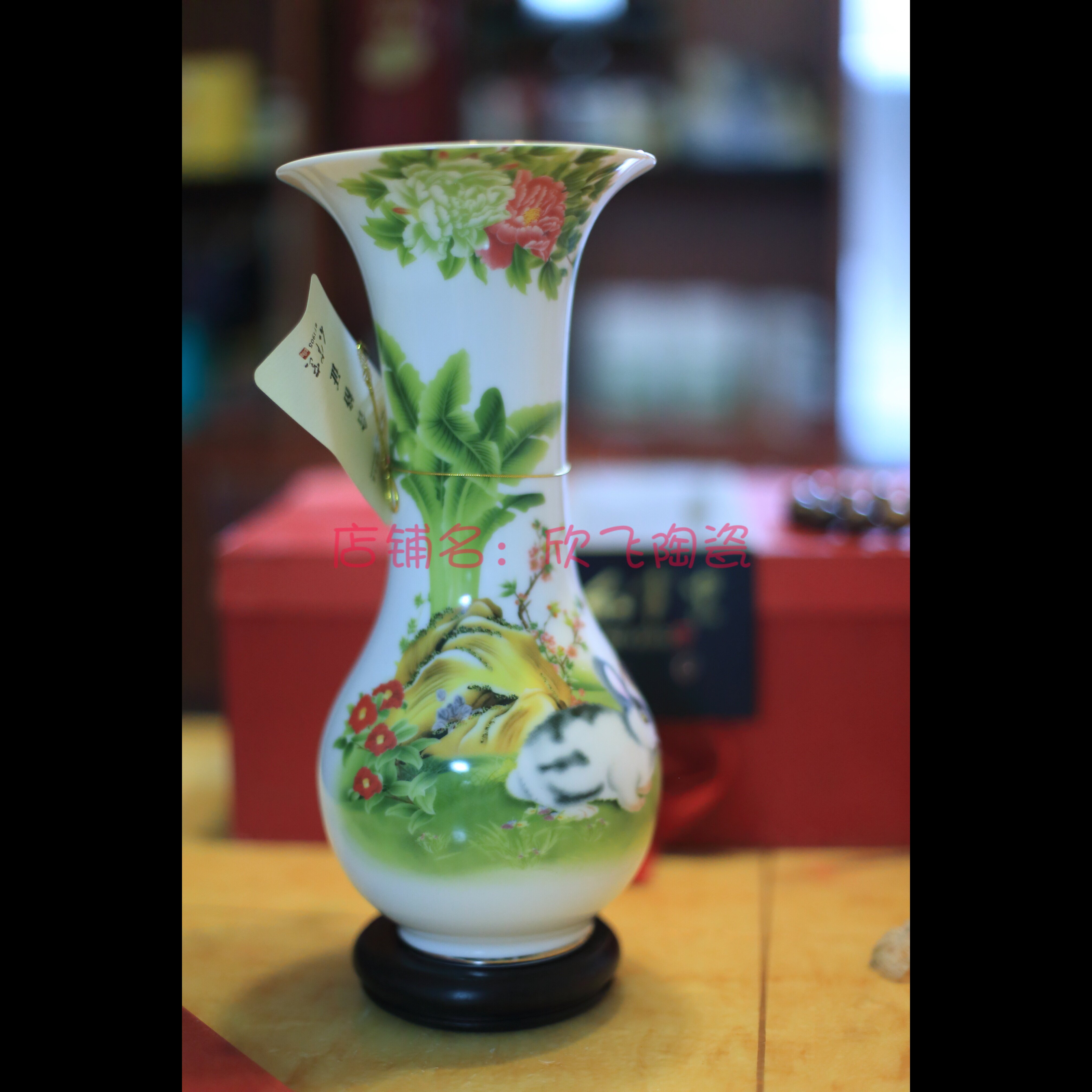 湖南醴陵红官窑2011年釉下五彩瓷高白泥中式玉兔花瓶xk高度约29cm