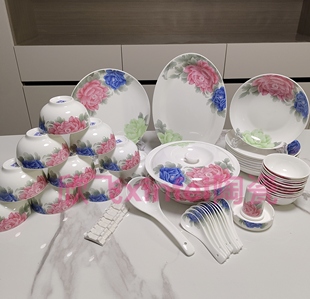 醴陵陶瓷餐具高温瓷礼盒装五彩牡丹礼品瓷54头底标中国醴陵