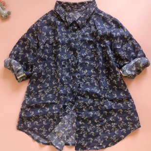 宽松超薄夏季 文艺复古风藏蓝小碎花苎麻衬衫 女装 单穿叠穿 L大码