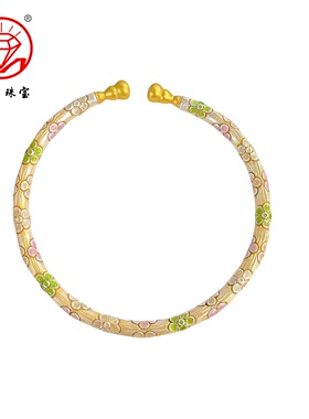 9999纯银手镯女时尚葫芦手镯描金珐琅樱花梅花手镯新中式足银手镯