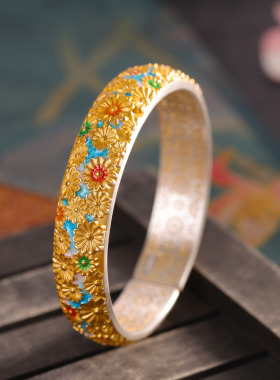 人品银品足银999烧蓝菊花手镯开口菊有幽芳德馨自远民族风银镯子