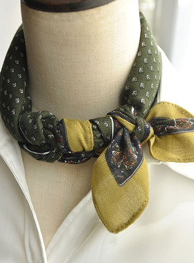 复古丝巾女小格方巾法式高级感时尚披肩围巾绑包装饰绿色护颈领巾