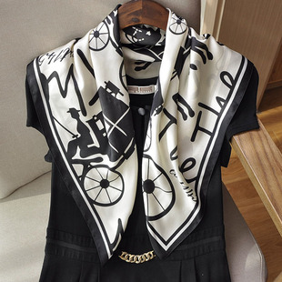马车图案 小丝巾方巾女洋气百搭ins韩国气质护颈小领巾春秋小围巾