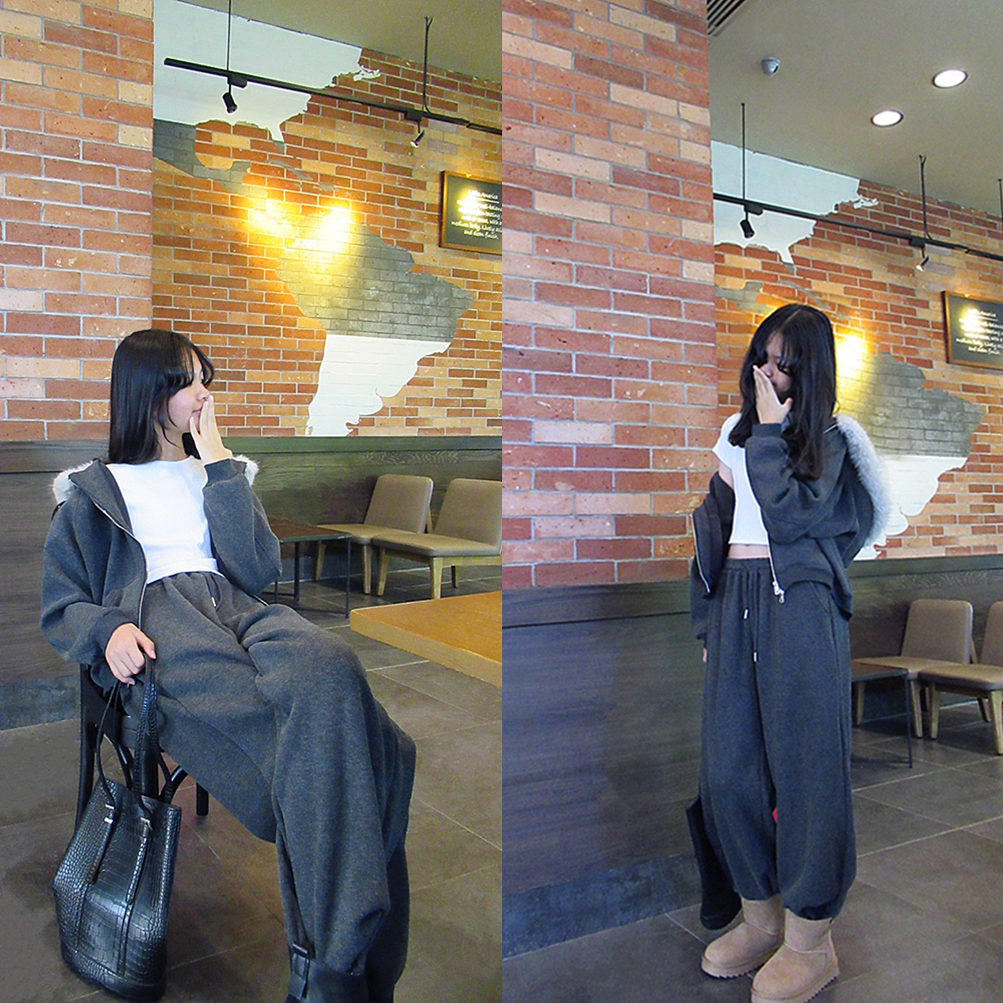 韩版时髦仿真领连帽女童运动套装