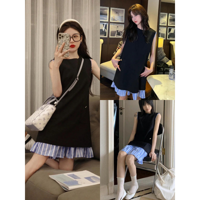 设计感拼接条纹背心裙女