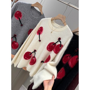 立体樱桃针织衫 同品质600 T856 羊毛羊绒拉绒 精品单