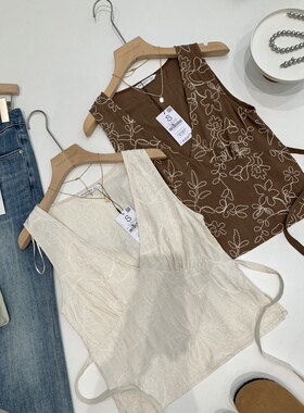 捡漏！15亚麻！国外商场167+刺绣V领背心无袖系带小衫夏季T恤R168