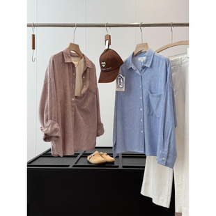 捡漏!27亚麻!国外商场249+长袖亚麻衬衣开衫女条纹休闲衬衫R733