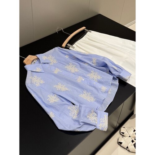 100棉+刺绣！新款！西班牙订单商场399～冰蓝色刺绣衬衫Z245