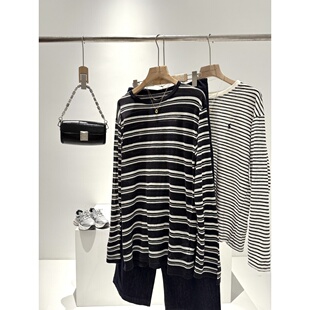 上衣套头宽松长袖 亚麻混纺条纹衫 T恤女R459 同品质259 平价定制