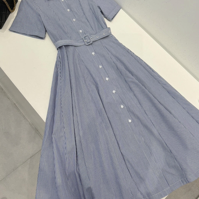 中长款收腰衬衫裙条纹短袖女裙