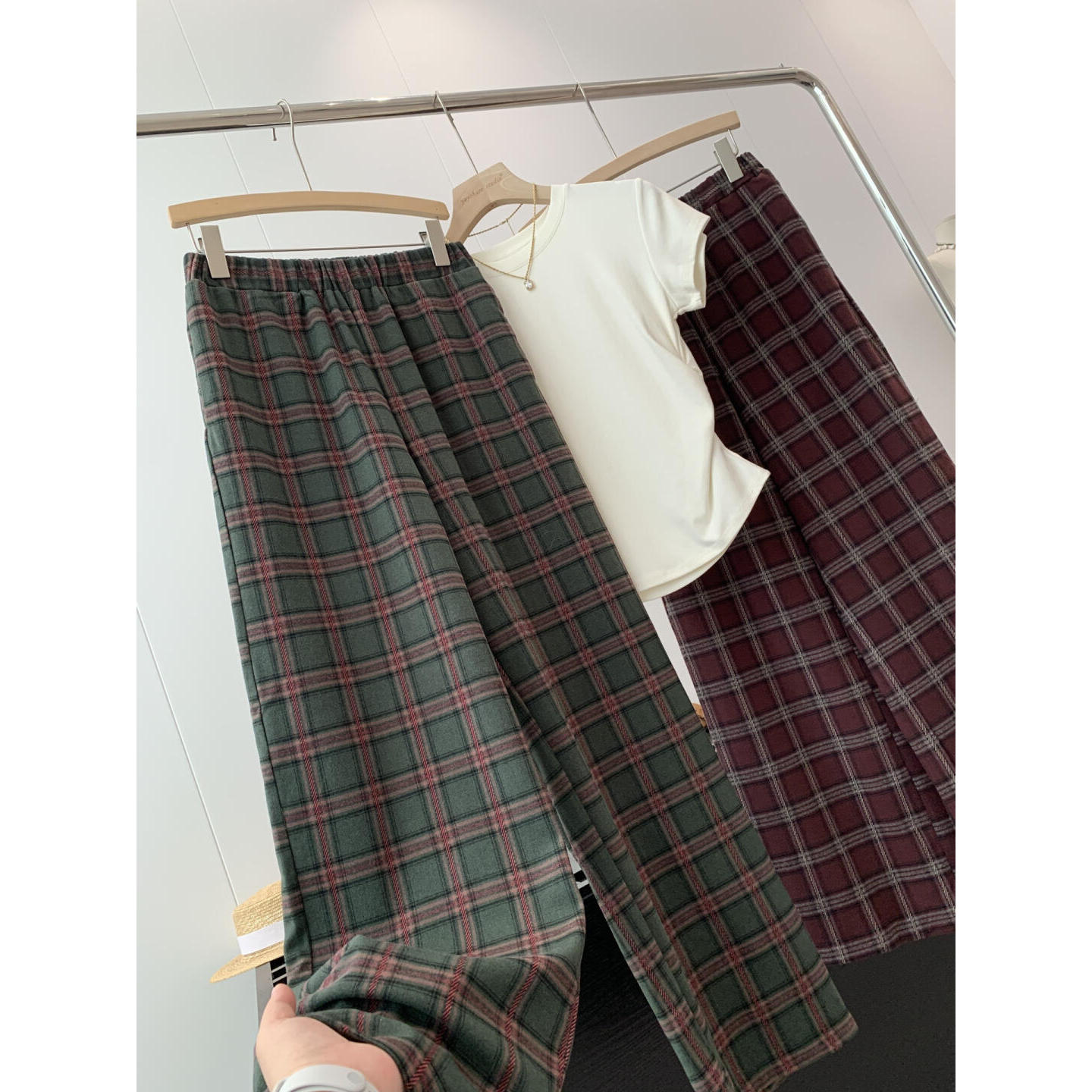 捡漏！淘到国外400+松紧腰直筒格子裤磨毛长裤复古格纹阔腿裤R230