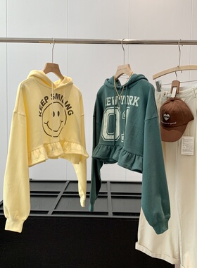 捡漏！淘到国外300+短款荷叶边下摆短外套上衣女抓绒连帽卫衣R557