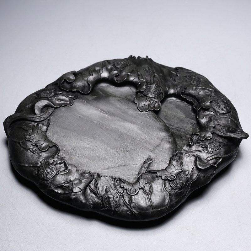 九龟荷叶砚 非遗老坑芙蓉溪金晕眉纹籽料原石歙砚 匠心手刻孤品砚台