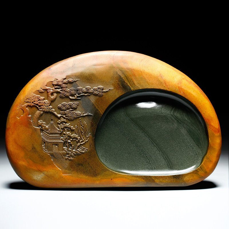 非遗安徽歙砚 老坑天然原石可磨墨歙县砚台 文房四宝收藏摆件 书法专用研墨砚手刻金皮籽料龙尾砚非端砚