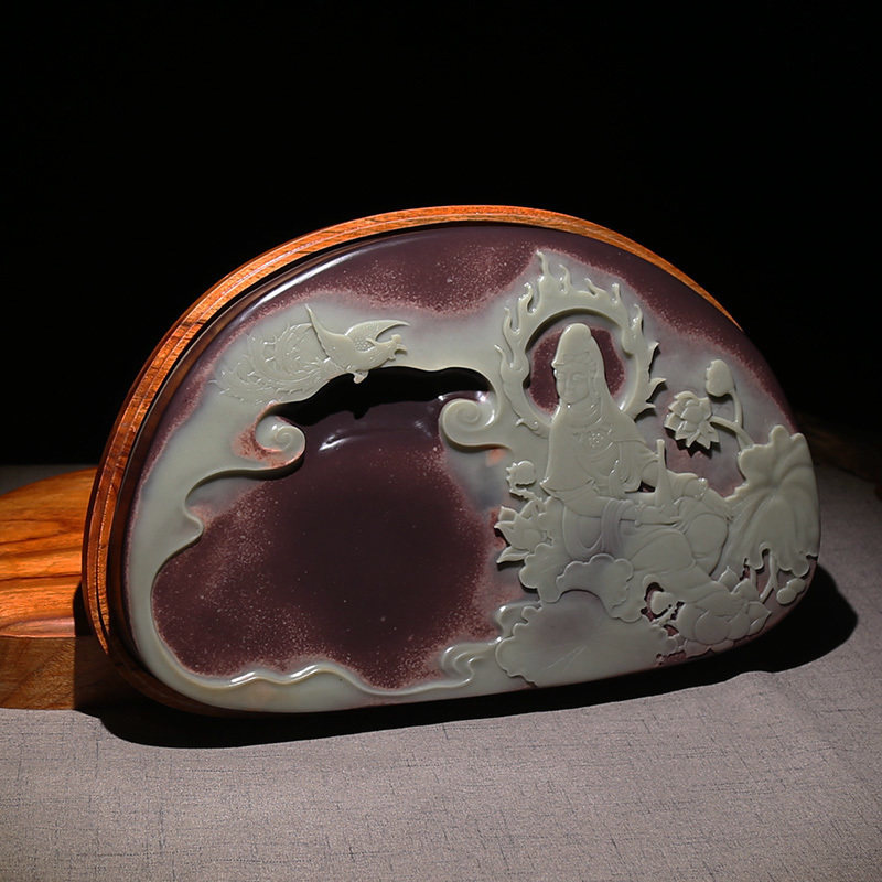国家非遗玉石砚老坑紫袍玉 听经图 歙砚雕工收藏实用摆件原石砚台
