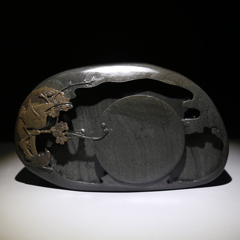 国家非遗歙砚老坑鱼子金晕 梅开见喜 精品礼品原石砚台孤品精雕砚