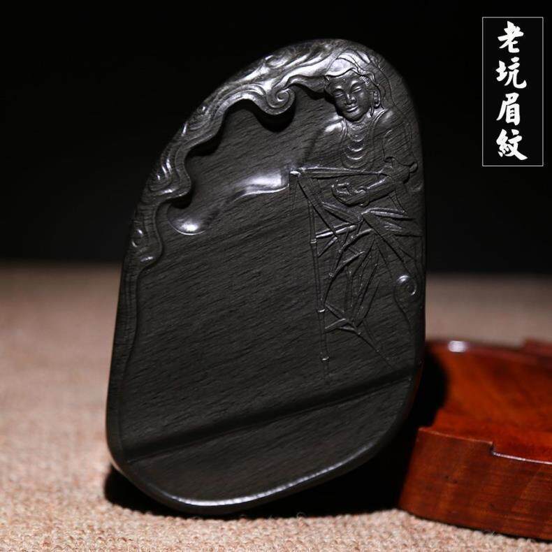 歙砚老坑刷丝没玩《普度四海》精品收藏送礼原石砚台手工精雕孤品