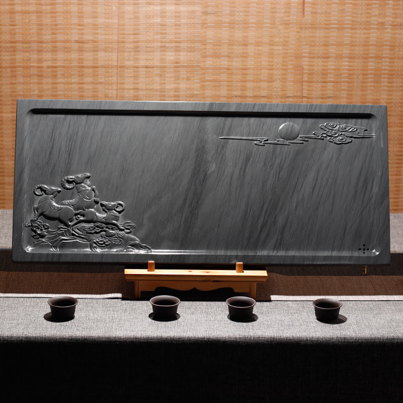 整块水波纹原石茶盘石盘三阳开泰石头砚台茶海托盘定制歙砚茶盘原石