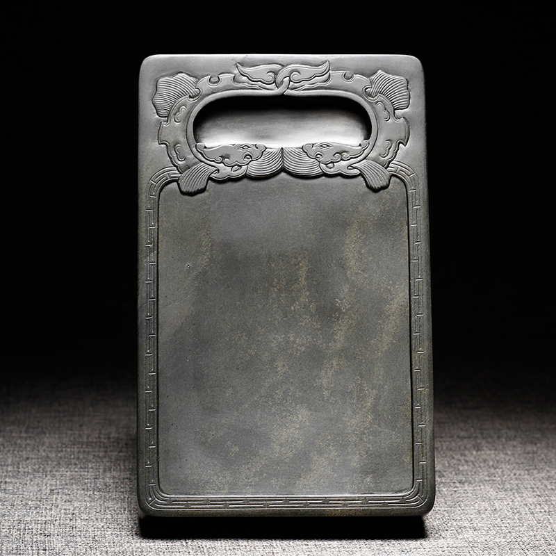 国家非遗安徽歙砚老坑青鱼子金花回纹双龙砚老香樟木盒包装天然原石