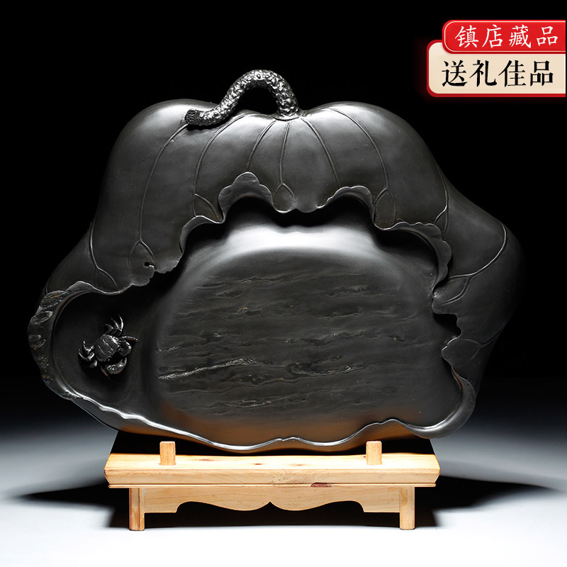 镇店藏品非遗中国歙砚安徽老坑龙尾山高档精品大型砚台荷花和谐文房四宝书法专用收藏送礼手工雕刻非端砚洮砚