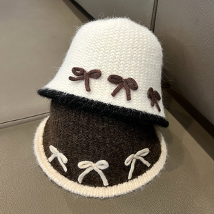 韩国女童帽子甜美蝴蝶结防风针织渔夫帽女宝宝保暖毛线盆帽秋冬季
