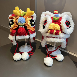 手工虎头帽亲子秋冬保暖毛线帽中国风醒狮帽新年老虎儿童龙针织帽