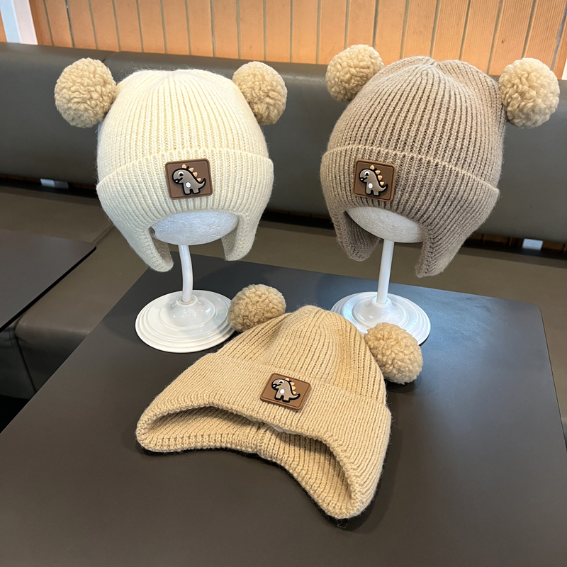 婴儿帽子秋冬季宝宝恐龙护耳帽卡通加厚针织毛线帽婴幼儿保暖冬天