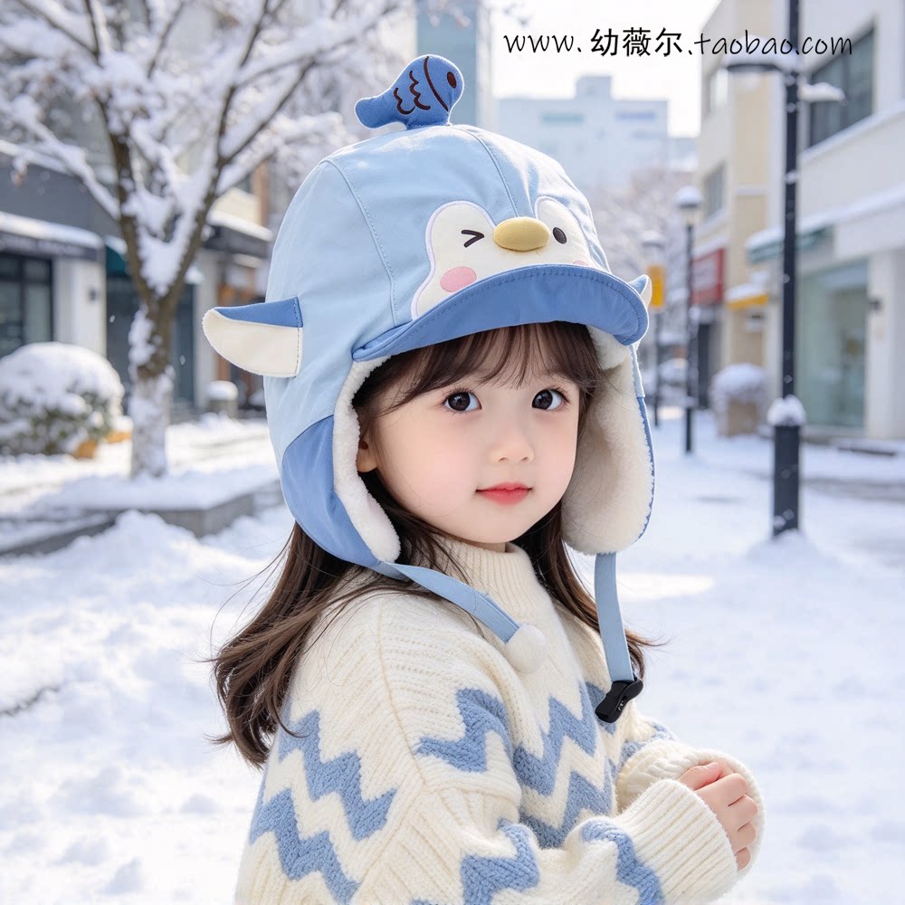 儿童卡通企鹅护耳帽女童可爱保暖毛绒帽子男童雷锋帽防寒户外羽绒