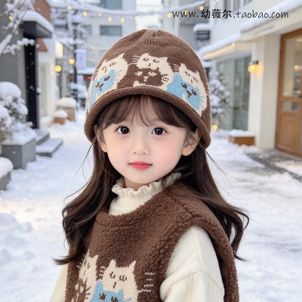 儿童帽子可爱猫咪针织帽男女宝宝保暖护耳瓜皮帽百搭套头帽百搭潮