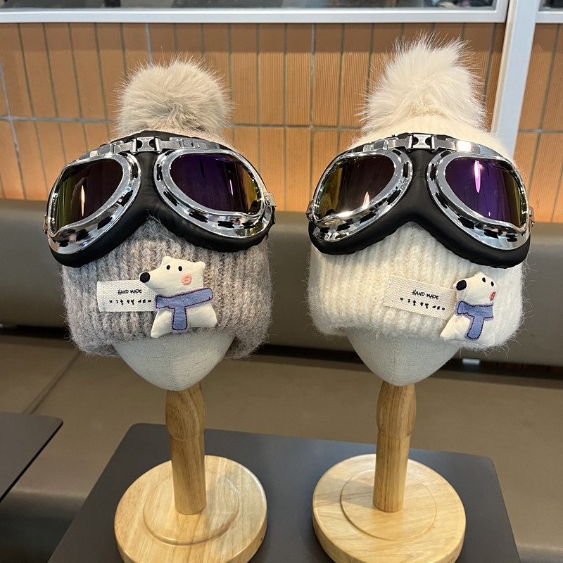 儿童毛线帽秋冬男宝宝小熊护耳帽男女童针织帽防风保暖帽子眼镜潮