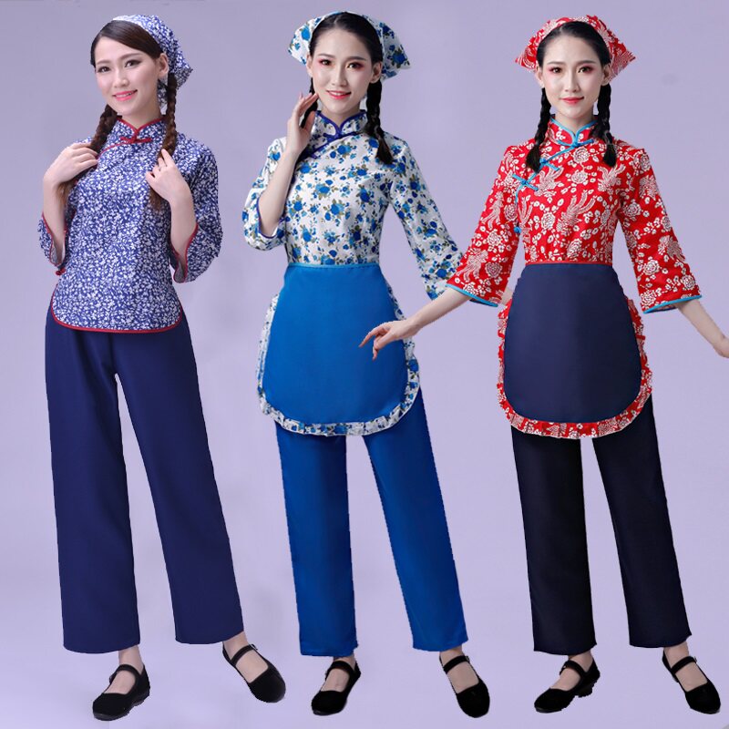 村姑演出服阿庆嫂客家女民族秧歌舞蹈服十送红军网红碎花采茶服装