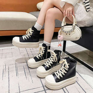 松糕厚底增高帆布鞋女高帮鞋2025新款春秋季潮酷休闲板鞋小众短靴