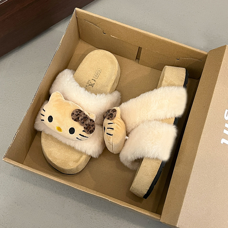 软萌可爱绒面一字毛毛鞋女士外穿