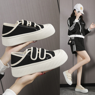 港风厚底魔术贴休闲板鞋 饼干帆布鞋 女春季 新款 圆头丑萌小白鞋