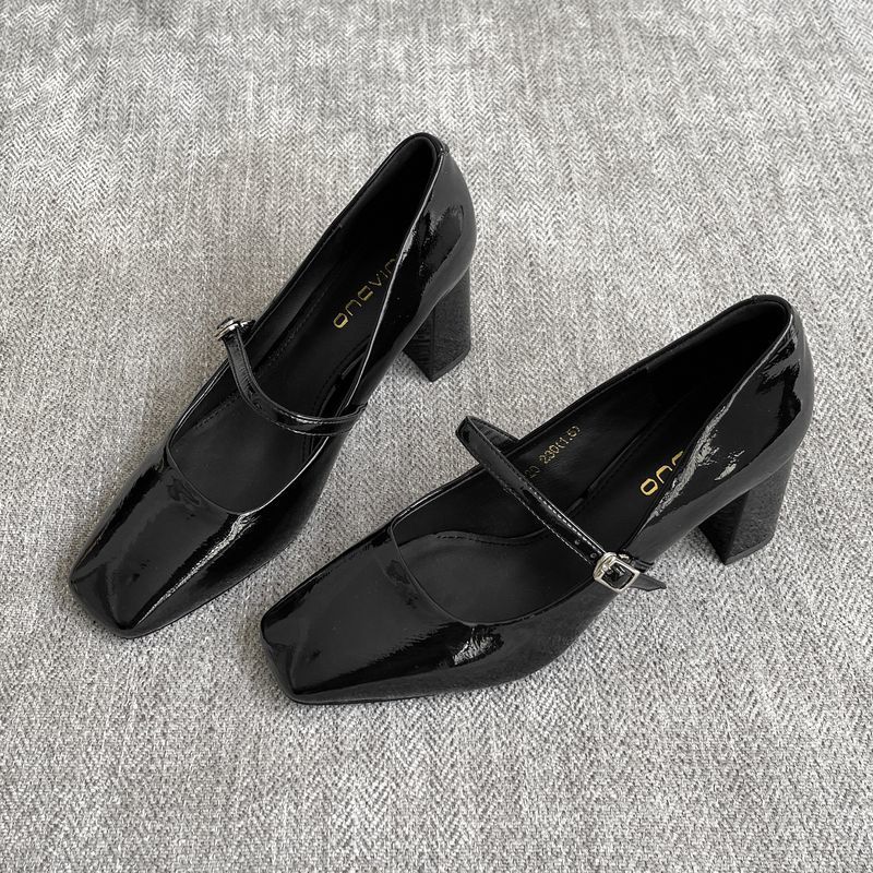 法式简约方头真皮玛丽珍小皮鞋女